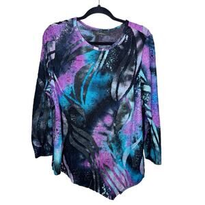 CALEOOS / blue purple black abstract watercolor printed tunic top / L